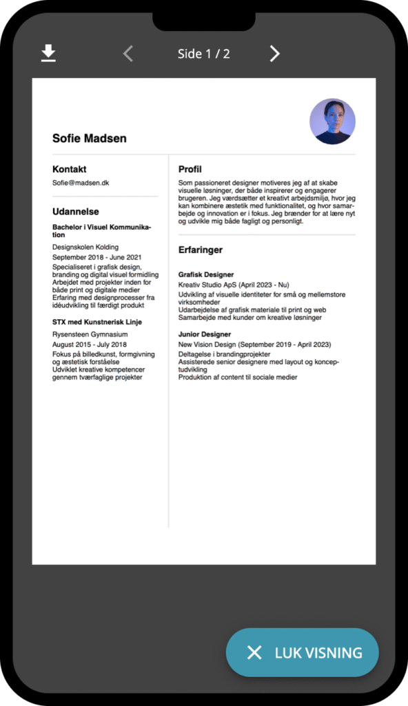 En bruger har mulighed for at se sit CV live.
